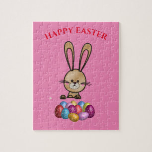 Lapin de Pâques avec puzzle d'oeufs étincelants.