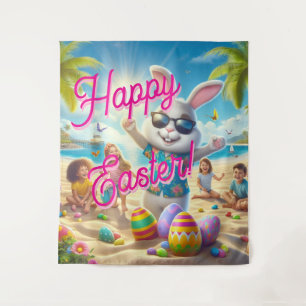 Lapin de Pâques joyeux sur une tapisserie de plage