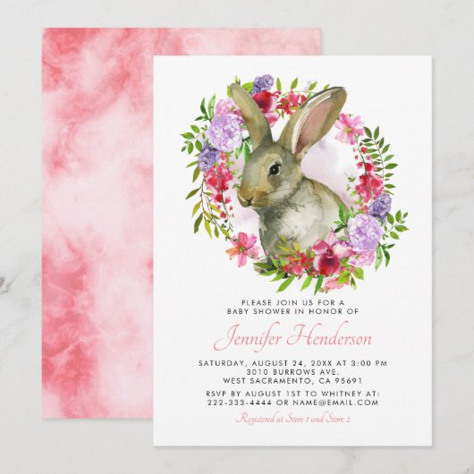 Lapin de Pâques mignon Invitation Baby Shower Fleu (Devant / Derrière)