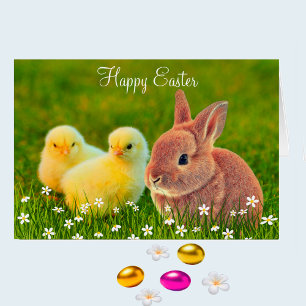 Lapin de Pâques & poussins avec des fleurs