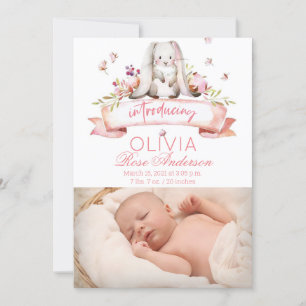 Lapin Faire-part de naissance fille aquarelle
