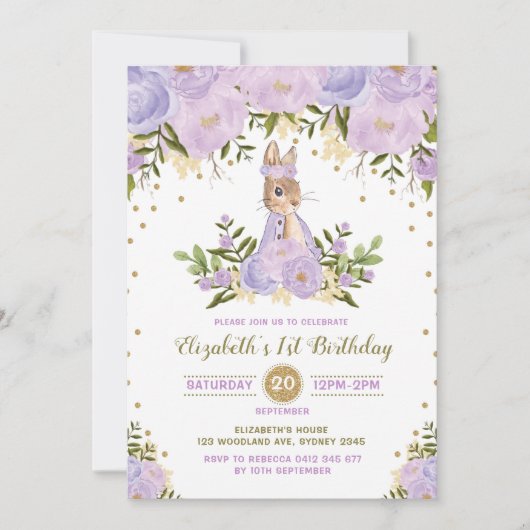 Lapin Floral Purple Or Invitation Birthday Woodlan (Devant)