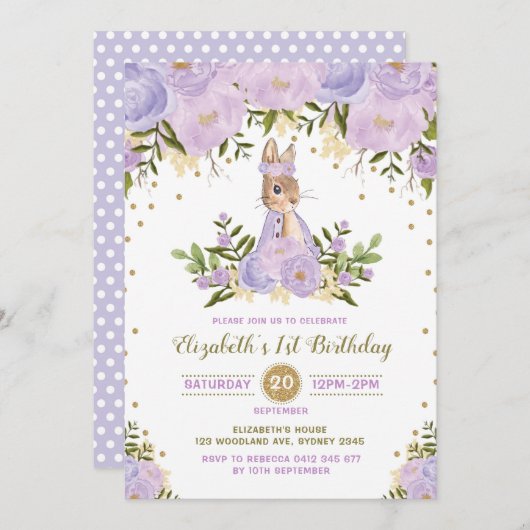 Lapin Floral Purple Or Invitation Birthday Woodlan (Devant / Derrière)