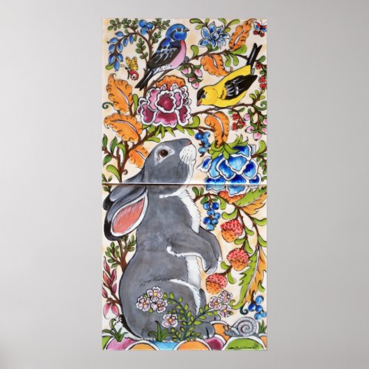 Lapin Gris Lapin Jacobean Floral Poster en Carreau (Devant)