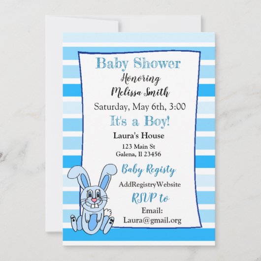 Lapin Lapin Bleu Garçon Bébé Douche Invitations (Devant)