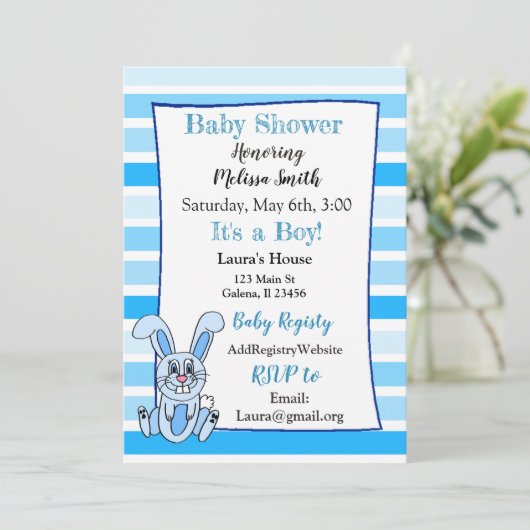 Lapin Lapin Bleu Garçon Bébé Douche Invitations (Debout devant)