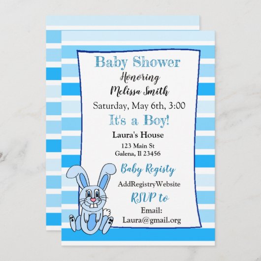 Lapin Lapin Bleu Garçon Bébé Douche Invitations (Devant / Derrière)