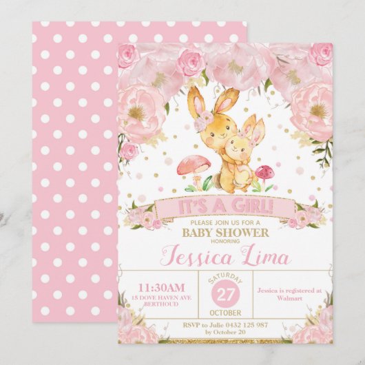 Lapin Lapin Floral Baby shower Invitation Girl (Devant / Derrière)