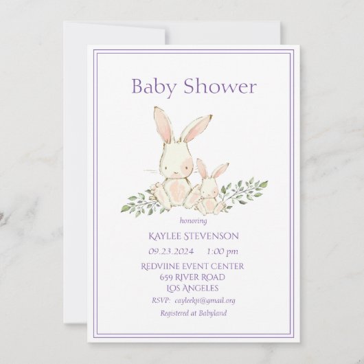 Lapin Lapin Purple Moderne Baby shower Invitation (Devant)