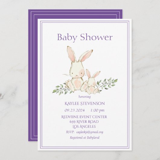 Lapin Lapin Purple Moderne Baby shower Invitation (Devant / Derrière)