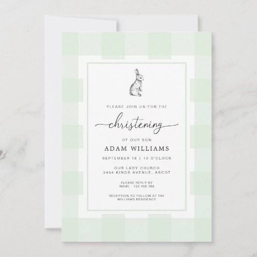 Lapin Lapin Vert En vichy Christening Invitation (Devant)