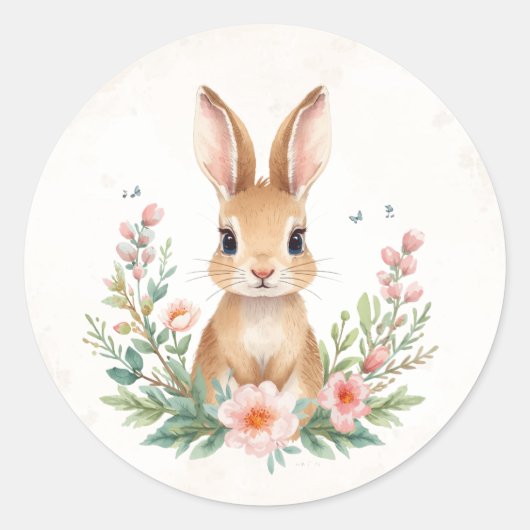 Lapin Mignon avec Fleurs Autocollant Rond | Printe (Devant)