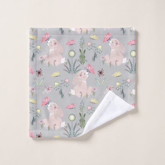 lapin mignon avec fleurs et papillons (Gant de toilette)