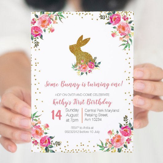 Lapin Or Rose Rose Anniversaire Floral Invitation