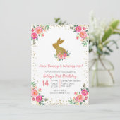 Lapin Or Rose Rose Anniversaire Floral Invitation (Debout devant)
