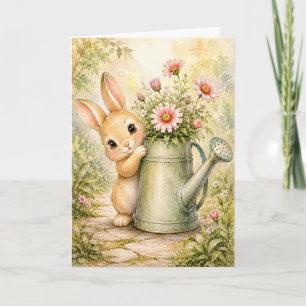 Lapin Peekaboo Arrosant des Fleurs Aquarelle Carte