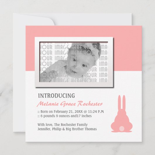 Lapin rose Faire-part de naissance (Devant)