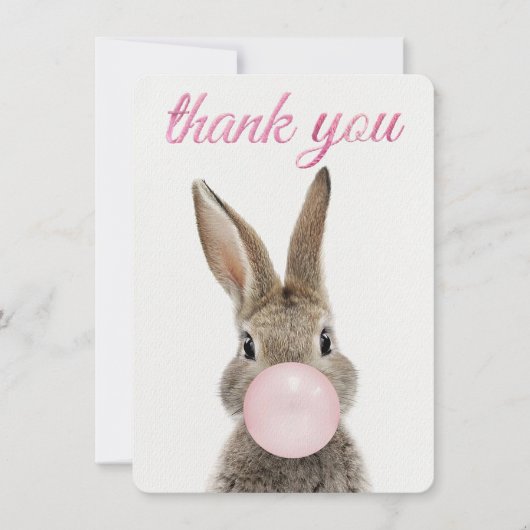 Lapin soufflant un bubble gum rose Merci (Devant)