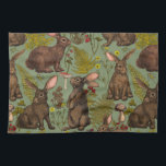 Lapins et flore boisée Serviette de cuisine<br><div class="desc">Lapins et fougères de la flore des bois à la main champignons,  beriies et insectes</div>