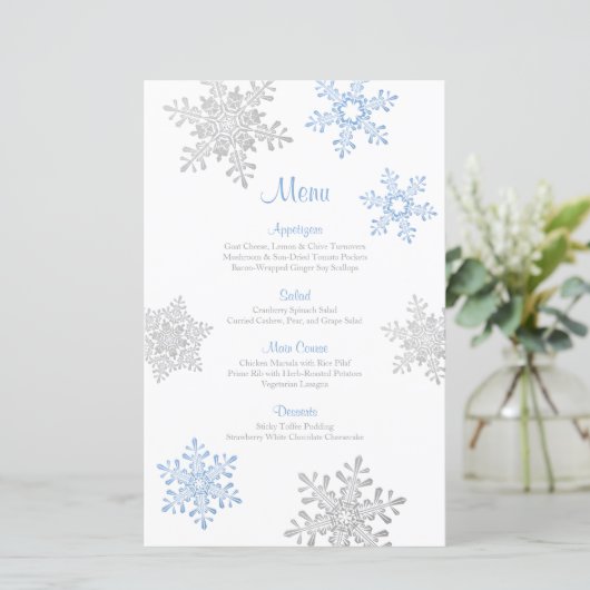 Lapis Blauw Zilver Sneeuwvlok Winter Bruiloft Menu (Staand voorkant)