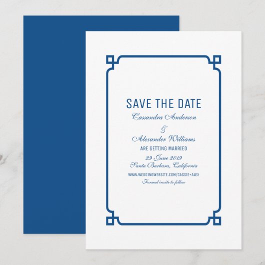 Lapis Blauwe Deco Chic Save the Date Uitnodiging (Voorkant / Achterkant)
