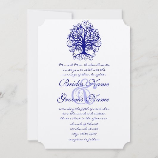 Lapis Bleu Romantique Arbre Mariage Invitations (Dos)
