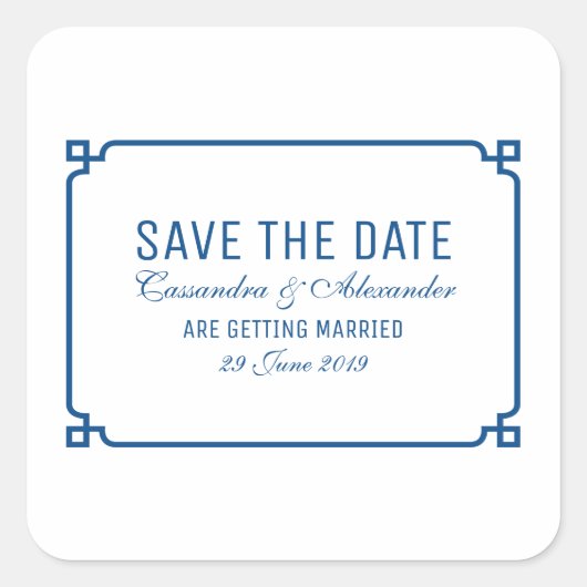 Lapis Blue Deco Chic Save the Date Vierkante Sticker (Voorkant)