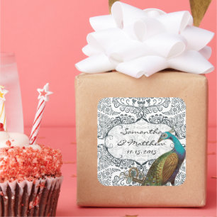 Lapis Blue Peacock Love Bird Wedding Seal Vierkante Sticker