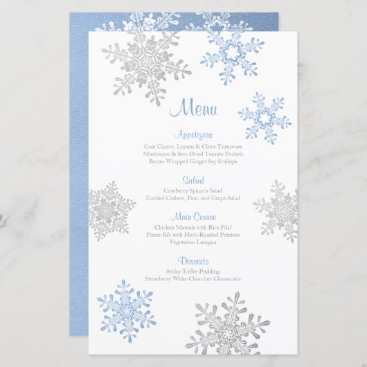 Lapis Blue Silver Snowflake Winter Wedding Menu (Devant / Derrière)