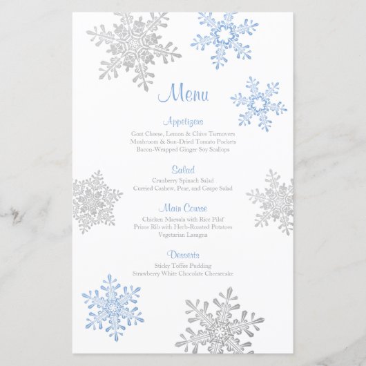 Lapis Blue Silver Snowflake Winter Wedding Menu (Devant)