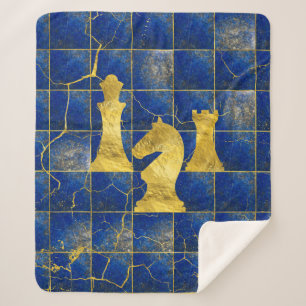 Lapis Lazuli Chessboard en Gold Chess Piecks Sherpa Deken