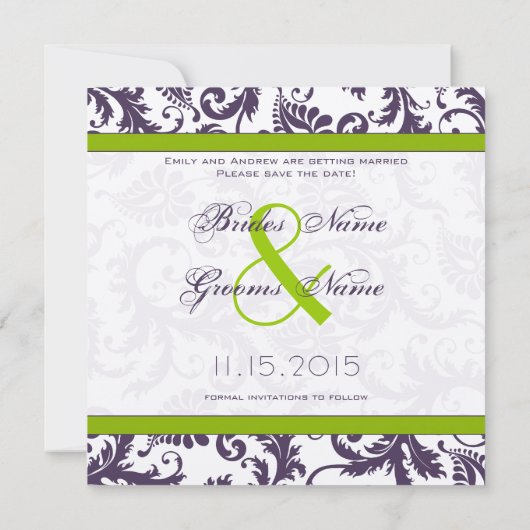 Lapis Paars en Apple Green Damask Save the Date (Achterkant)
