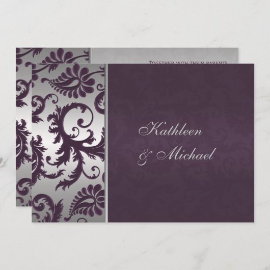 Lapis Paarse en Zilveren Damast bruiloft uitnodigi Kaart (Voorkant / Achterkant)