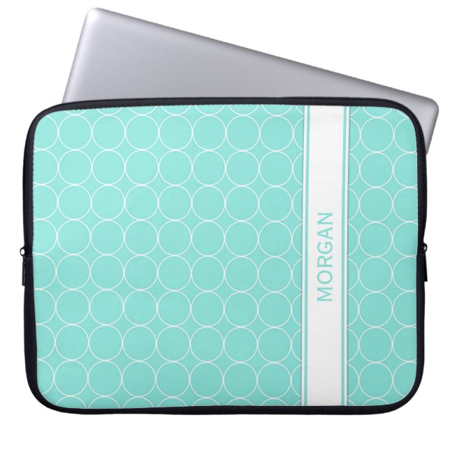 Laptop Aangepaste naam Aqua White Circles Pattern Laptop Sleeve (Voorkant)