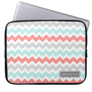 Laptop Coral Blauwgroen Chevron - Aangepaste naam Sleeve