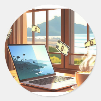 Laptop & Latte Lifestyle – Werken, nippen, slagen! Ronde Sticker