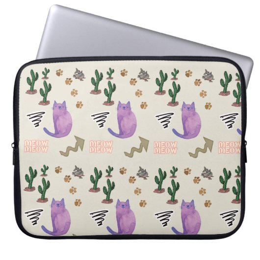 Laptop Sleeve Kat Vis Cactus Meow Paws (Voorkant)