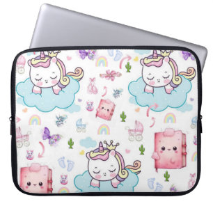 Laptophoes Roze, Blauwe Eenhoorn Regenboog Kat Laptop Sleeve