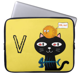 Laptophoes - zwarte kat vis Botten geel Laptop Sleeve