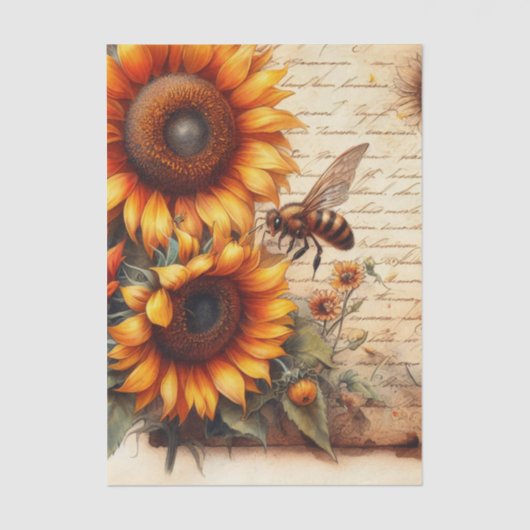 Large and Small Sunflowers with Bees and Script Tissuepapier (Voorkant)