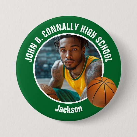 Large Green High School Basketball Player Photo Ronde Button 7,6 Cm (Voorkant)