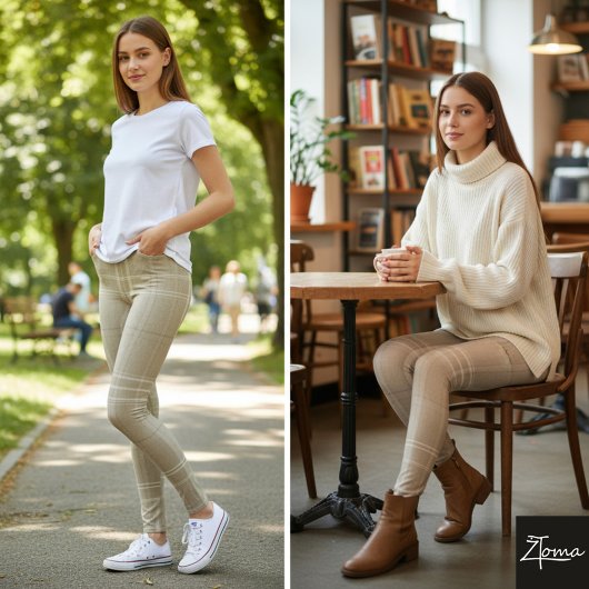 Large Neutral Light Taupe Wool Tartan Leggings