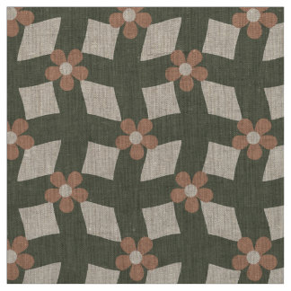 Large Olive Abstract Floral Grid - Natural Linen Stof