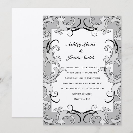 L'argent noir vintage tourbillonne faire-part de (Devant / Derrière)