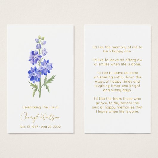 Larkspur | Carte de prière simple de souvenir (Devant & derrière)