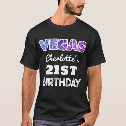 Las Vegas 21st Birthday Sparkle Paarse Roze Naam T-shirt (Voorkant)