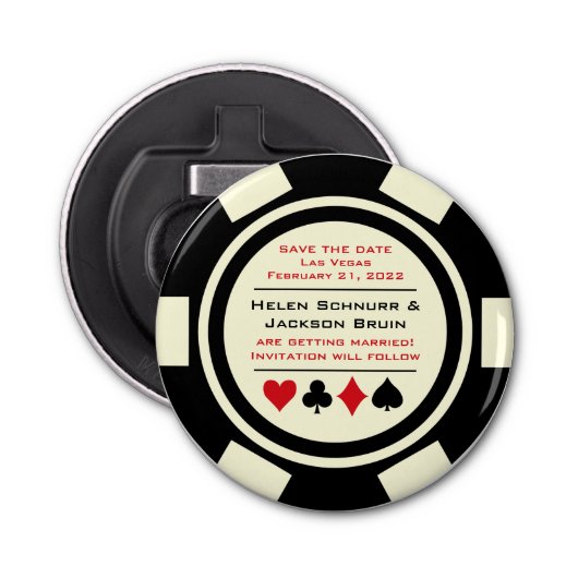 Las Vegas Black White Poker Chip Save the Date Button Flesopener (Voorkant)