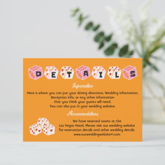 Las Vegas Bruiloft Funky Dice Details Informatie Kaart (Staand voorkant)