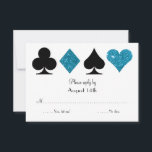 Las Vegas Destiny Wedding RSVP Parties scintillant<br><div class="desc">Ce faire-part de mariage est doté d'une élégante typographie et d'un graphisme d'accents de costumes de cartes en parties scintillant blanche et bleu malibu. Parfait pour un mariage de Las Vegas dans une petite chapelle au large de la bande, tout ce dont vous avez besoin est l'amour et un témoin...</div>