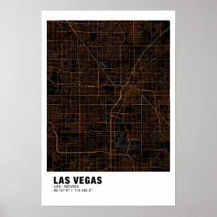 Las Vegas Kaart Poster - Nevada Zwart & Gouden Kaa